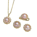 Elegant Zircon Flower Big Natural Pink Freshwater Pearl Jewelry Set 8-9MM Pearl Necklace Earrings Ring Set Fow Women Gift