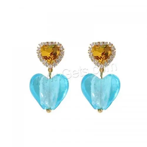 Gold Color Plated Fashion Jewelry Heart Lampwork Drop Earrings Zinc Alloy for Woman with Rhinestone 1604044