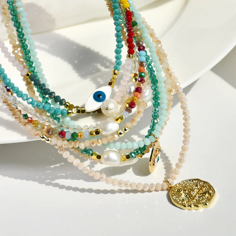 Spring Summer New Y2k Colored Stone Beaded Necklace Female Freshwater Pearl Pendant Charms Beads Chain Necklace