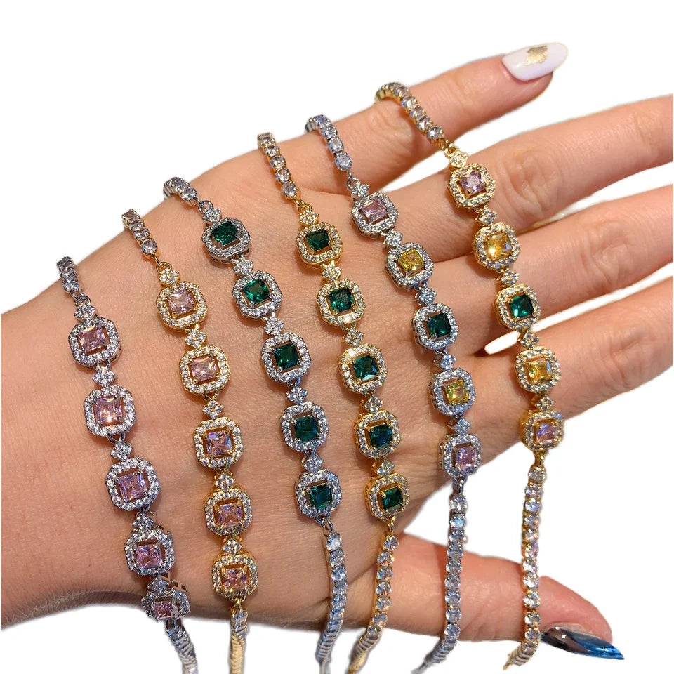 Women's Super Shiny Diamond Crystal Tennis Bracelet Newest Multi-Color Cushion Cut Emerald Cubic Zirconia Fashion Charm Bracelet