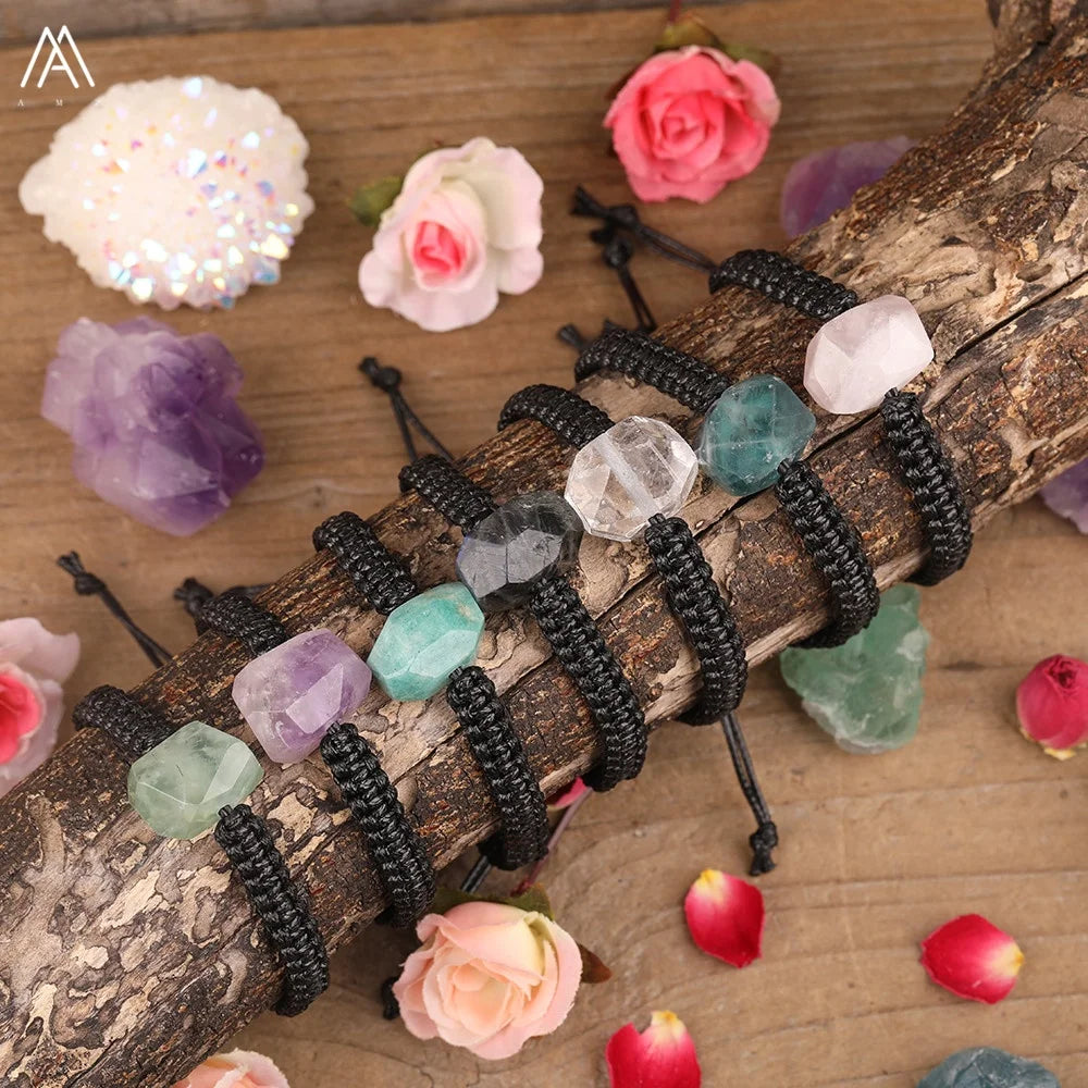 Natural Crystal Quartz Stone Nugget Beads Black Knotted Braided Bracelet