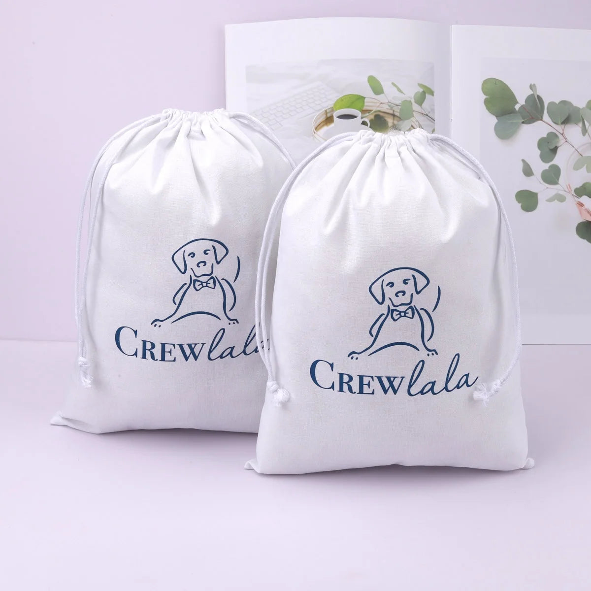 Custom Logo Printed White Cotton Drawstring Storage Bag Muslin Pouch Gift Toy Clothing Packaging Dust Bag