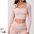 Women Ruffle Trimmed Square Neck Long Sleeve Yoga Top With Chest Pads and Legging 2 Piece Yoga Set