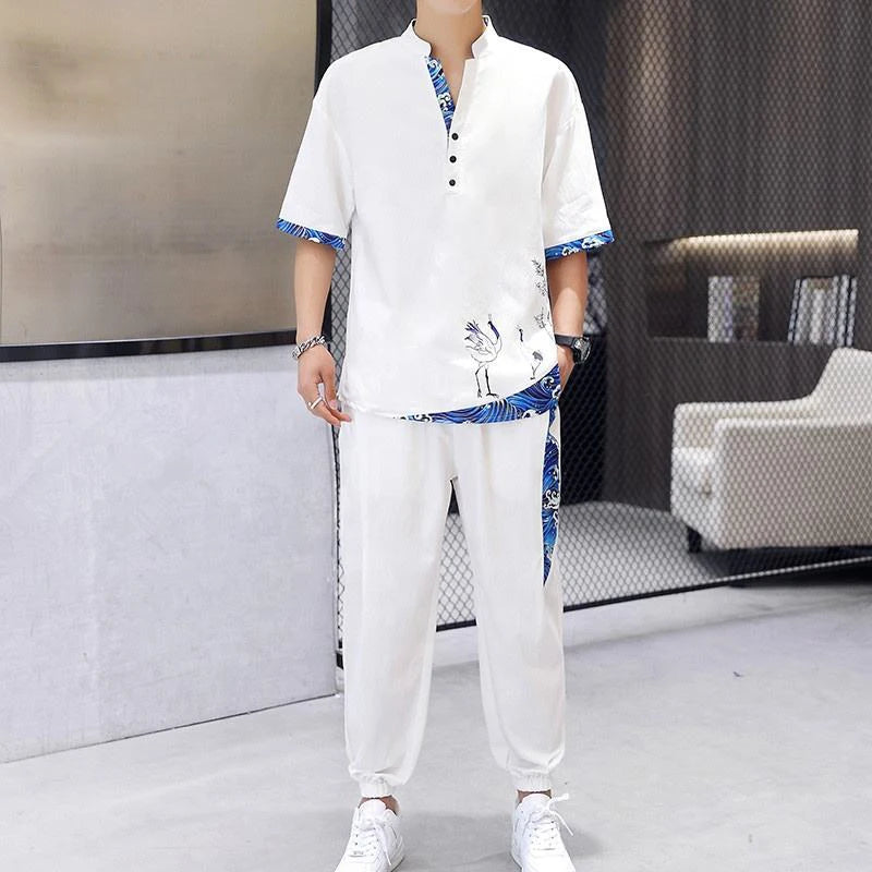 (shirt + Trousers) 2023 Summer Printing Male Top Man Shirts Short Sleeve Men's Casual Shirts Men M-4xl