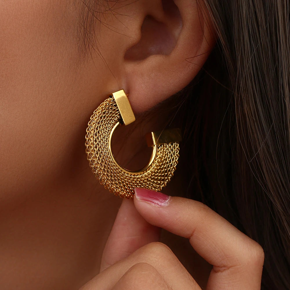 Kaimei Fashion Jewelry Exaggerated Flat Mesh CC Earrings Statement Stainless Steel 18K Gold Plated Waterproof Earrings Jewelry