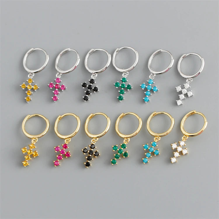 Fashion 925 Sterling Silver 18k Gold Plated Cross-shaped Colored Zircons Diamond Hoop Earrings