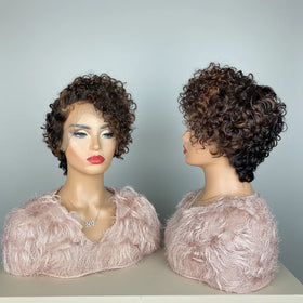 Swiss Lace No Tangle Ombre Brown Color Curly Pixie Cut Bob Virgin Full Vietnamese Cuticle Aligned Hair Lace Front Wigs