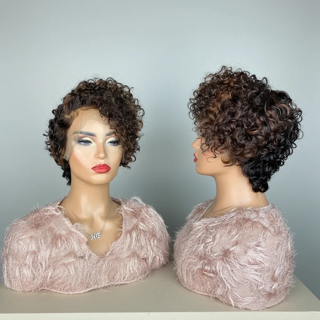 Swiss Lace No Tangle Ombre Brown Color Curly Pixie Cut Bob Virgin Full Vietnamese Cuticle Aligned Hair Lace Front Wigs MegaBDM