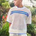 Custom Design Logo Summer Beach  Short Sleeve Hollow Out Cotton Oversized Striped Mesh Knitted Shirt Crochet Men T-Shirt
