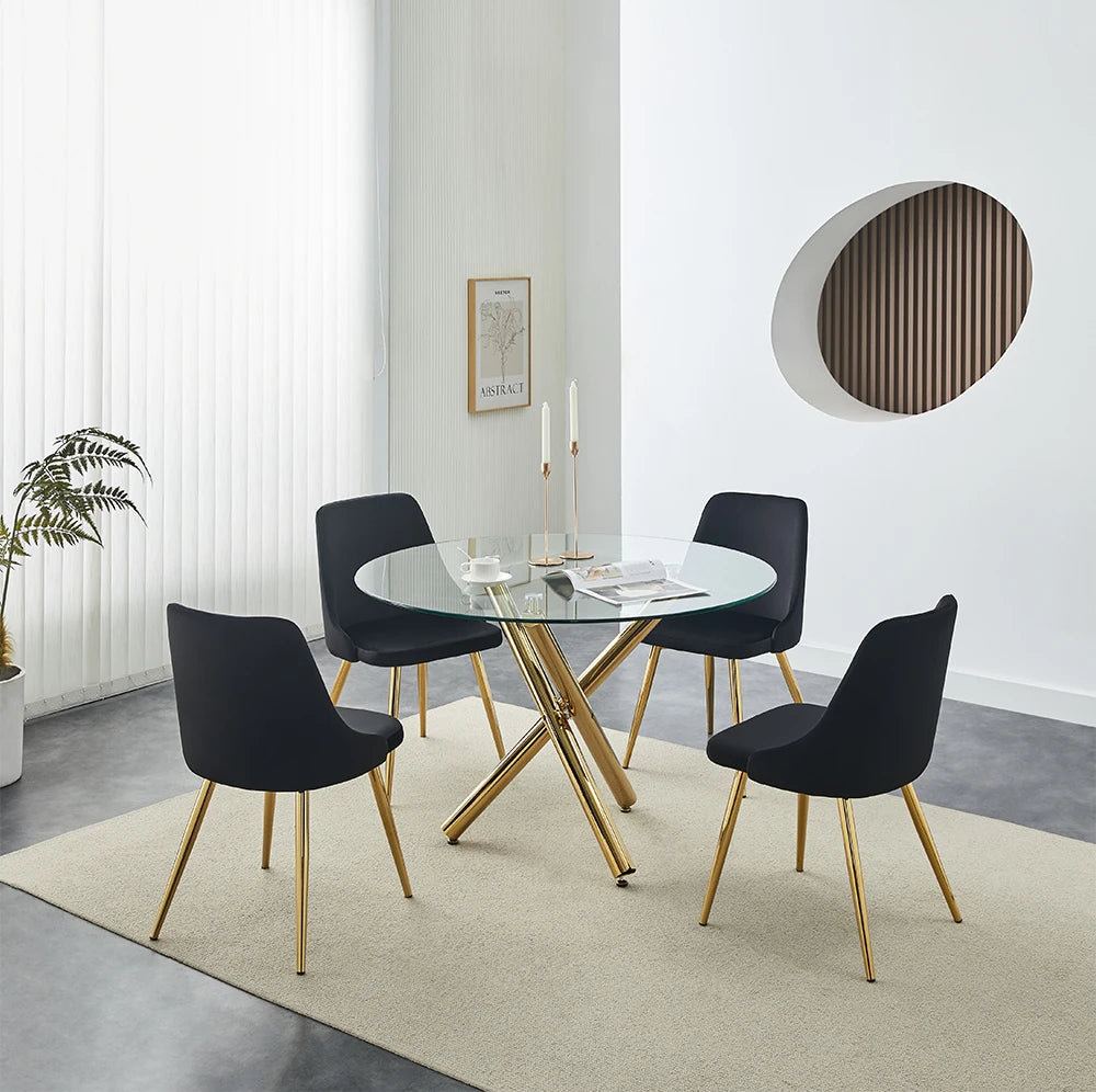 Small 4 Seat Black Glass Top Metal Dinning Table Set 4 6 8 Chairs Luxury Classic Mirror Empered Glass Dining Table Set