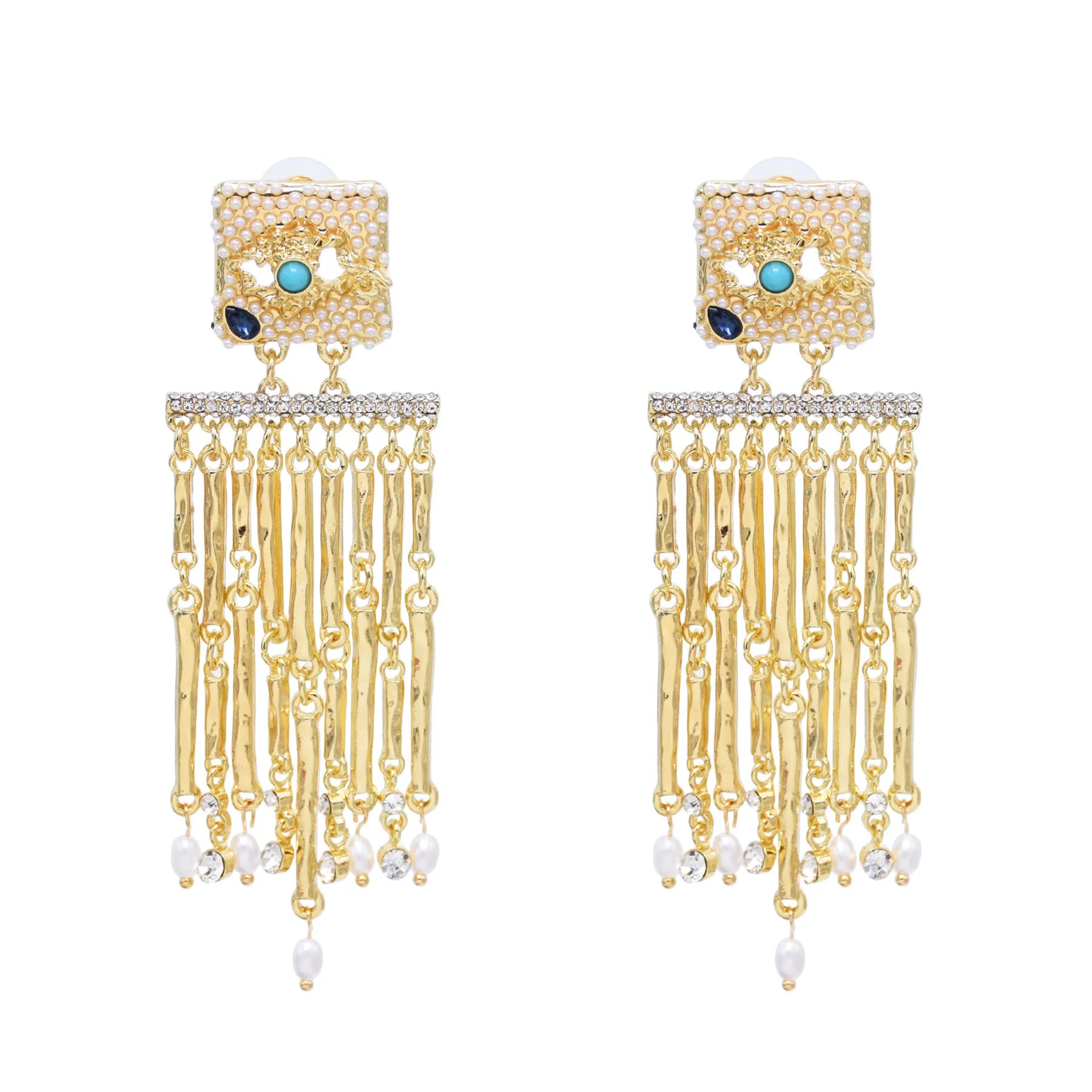 Fashion Gold Plated Pearl Rhinestone Eye Flower Dangle Earrings Heavy Metal  Tassels Earrings Jewelry