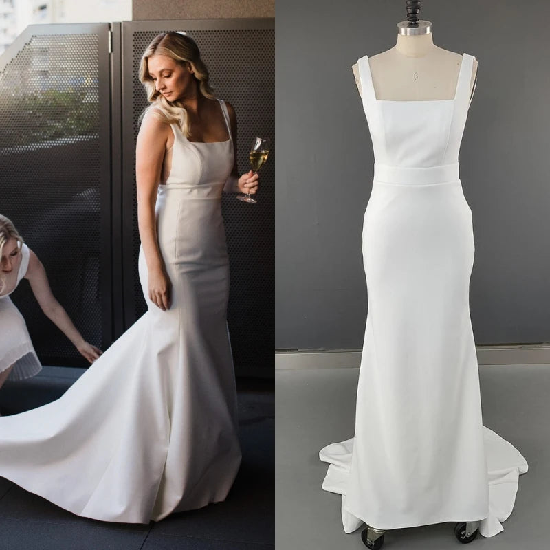 12631# Real Photos Simple Spaghetti Straps Open Back Square Collar Sheath Wedding Dress Bridal Gown Evening Dress for Party