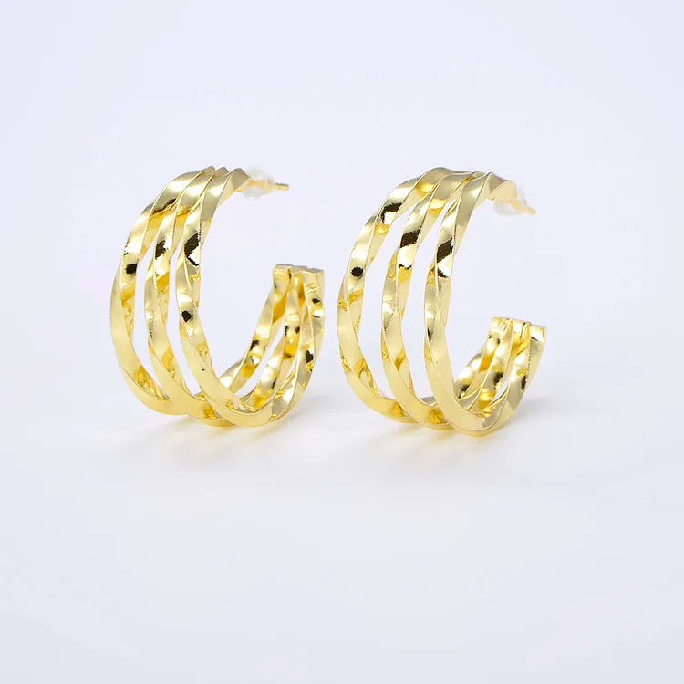 EM1135 Boho 18k Gold Plated Faceted Three Triple Hoops Earrings  3 Layered Stacking Statement Hoop Earrings