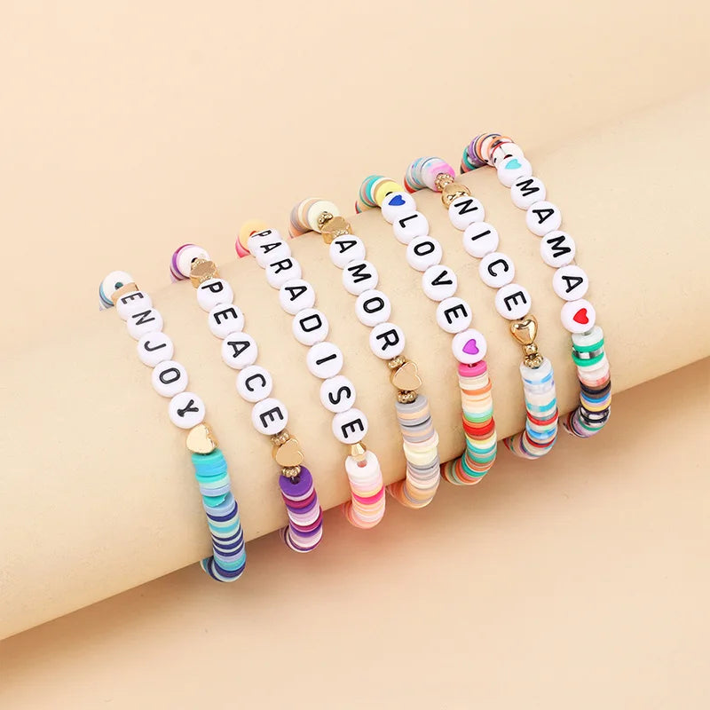 Handmade Bohemian Soft Clay Polymer Bead Stackable Bracelet Women Beach Boho Inspire Me Teach love Letters Handcrafts Bracelets