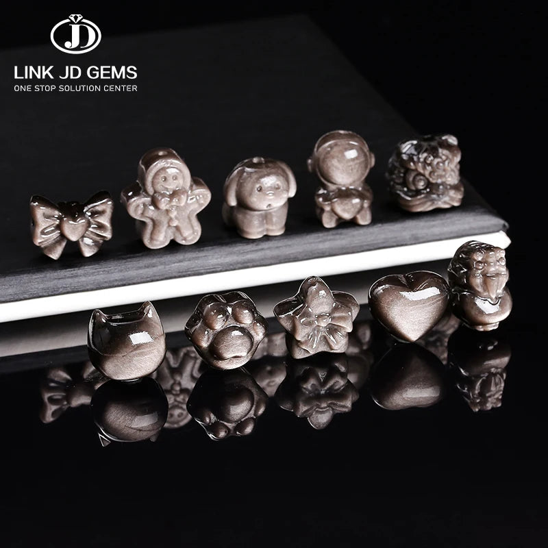 Natural Silver Sheen Obsidian Carved Beads Heart Bow Animal Lucky Charm Spacer Beads DIY Jewelry Making Wholesale
