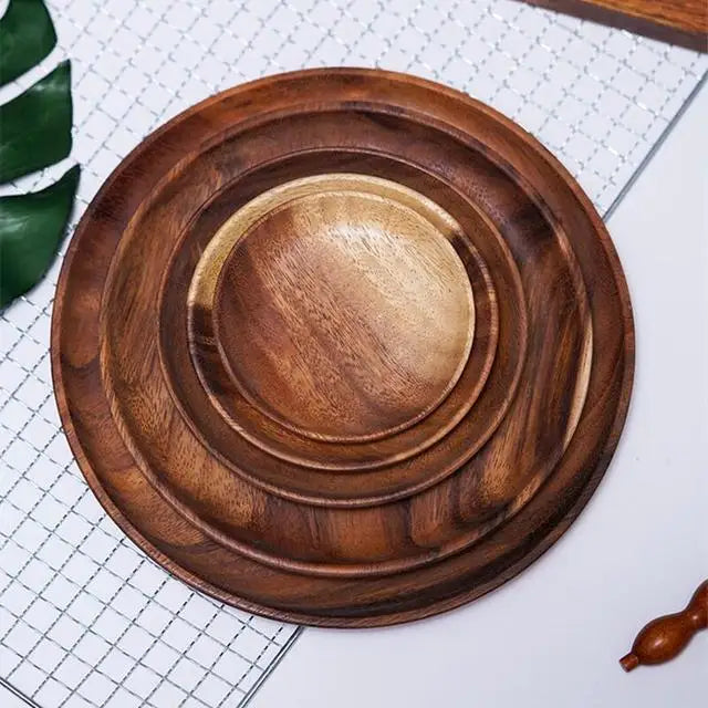 Acacia Wood Dinner Plates 20cm  Round Wood Plates Easy Cleaning & Lightweight for Dishes Snack Dessert
