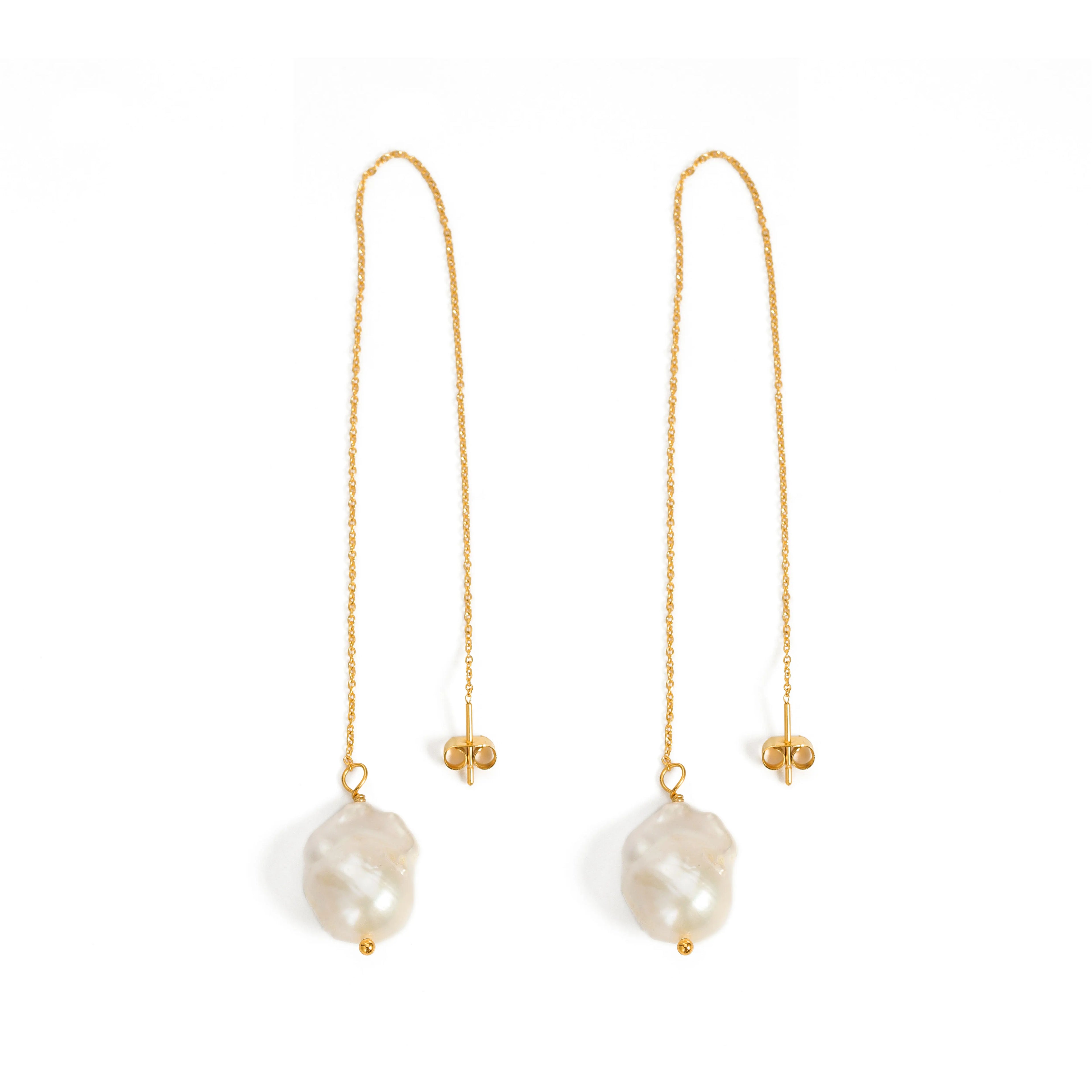 Stainless Steel Dangle Long Chain Tassel Threader Fringe Baroque Freshwater Pearl Drop Earrings for Women Girl