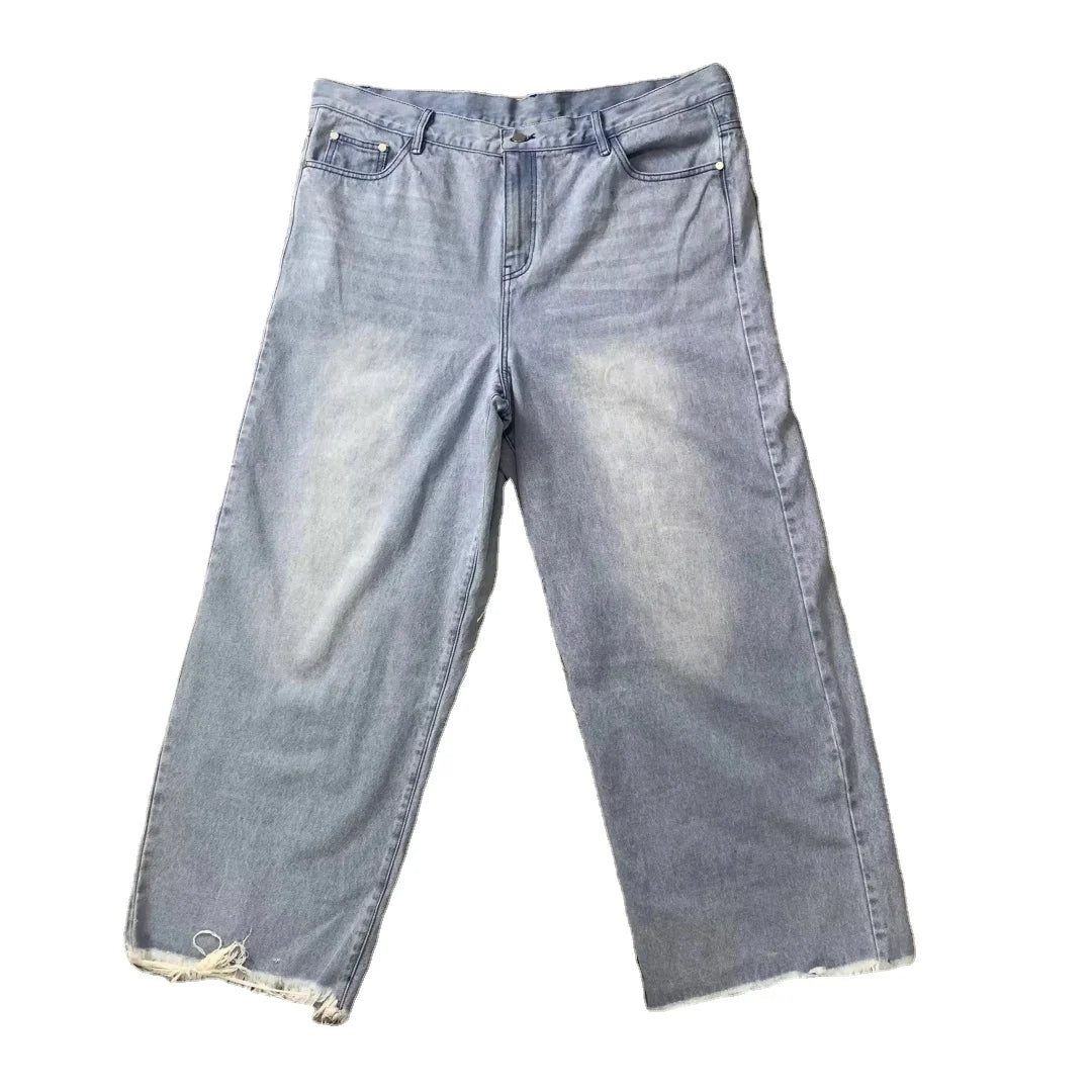 DENIMGUYS Custom Loose Plus Size Men's Raw Hem Baggy Jeans Washed Faded Vintage Fashion Casual Wide Leg Denim Jeans Men
