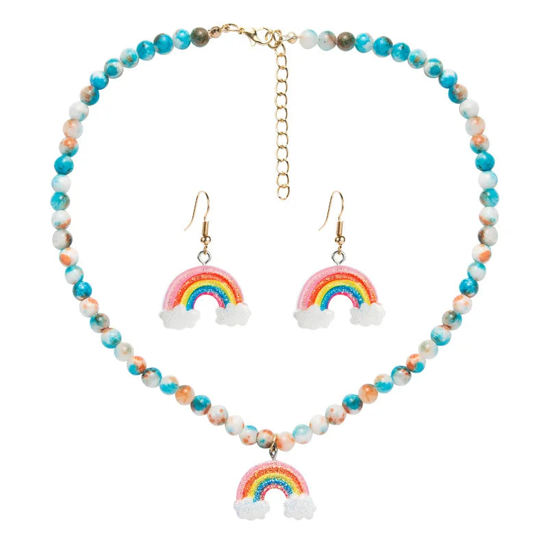 Delicate Hook Earring Bohemia Imitation Ceramics Colourful Resin Seed Beaded Y2K Choker Rainbow Clouds Pendant Necklace Set