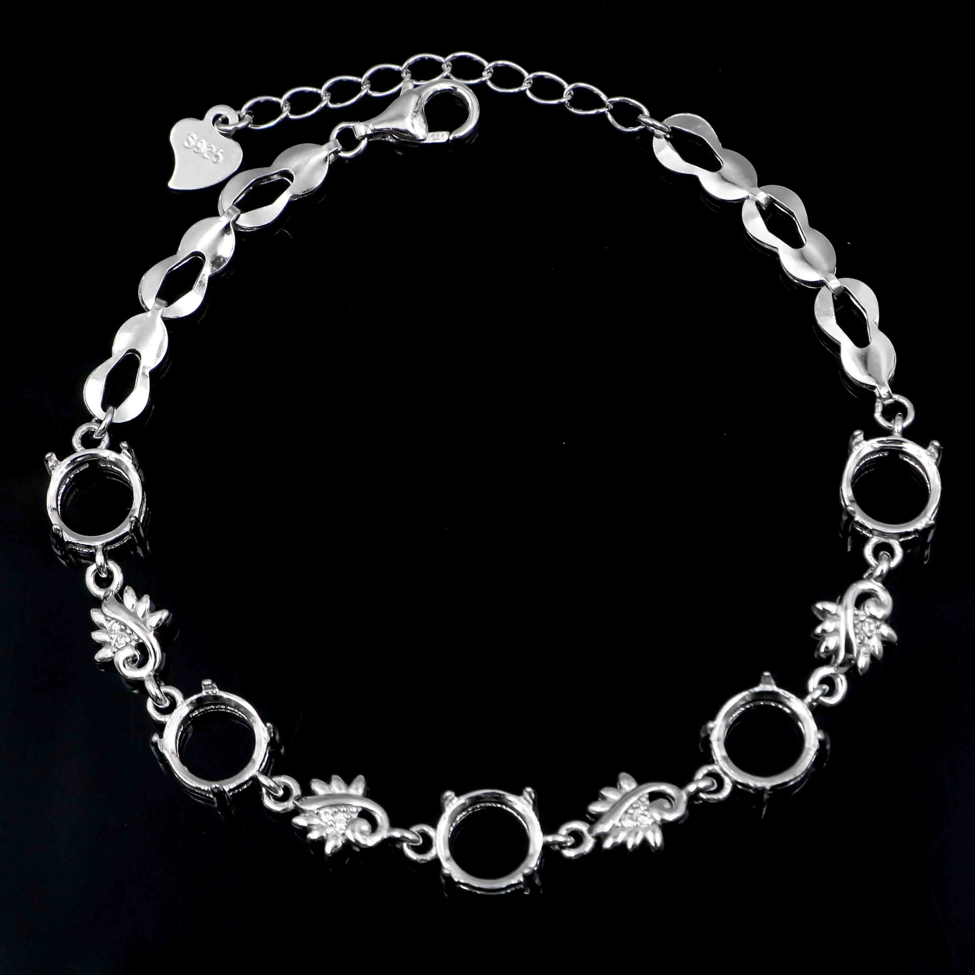 Sterling Silver 7*7mm Semi Mount Bracelet Empty Support Blank Claws Setting S925 Mountain Base Without Main Stone for Inlay DIY