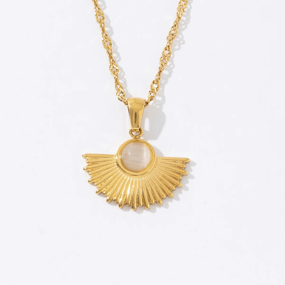 Fashion Trendy Women's Malachite Bohemia Stainless Steel Gold Plated White Natural Stone Fan Shape Pendant Necklace