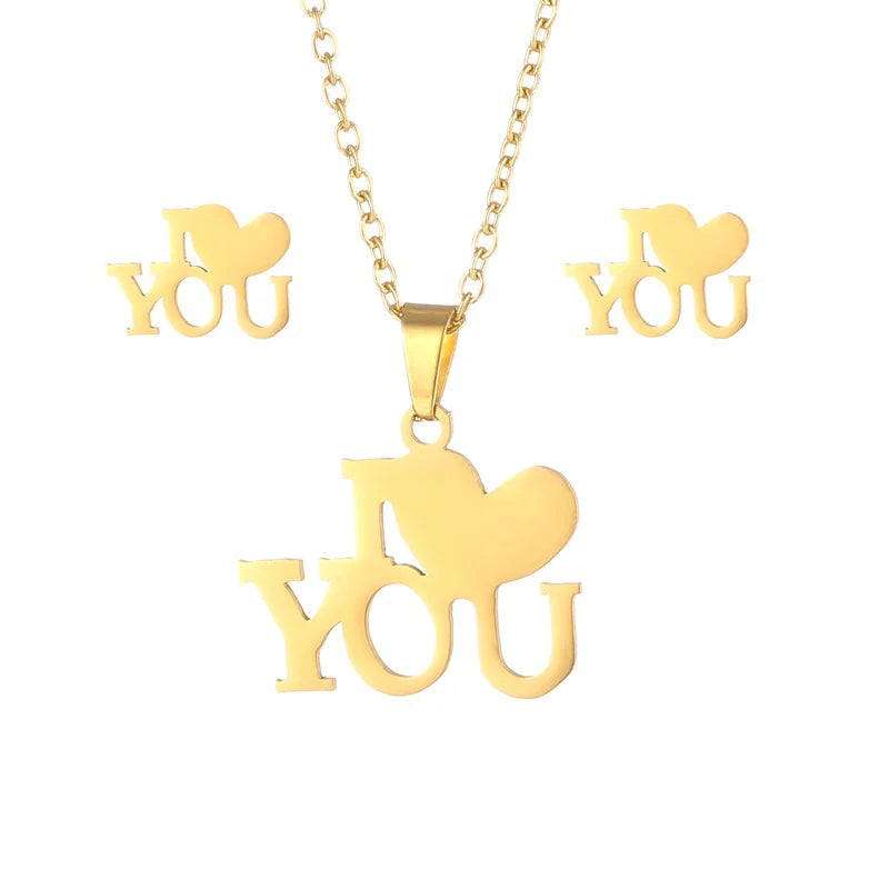 Wholesale Fashion Heart I Love You Pendant Necklace Stainless Steel Stud Earring Necklace Set