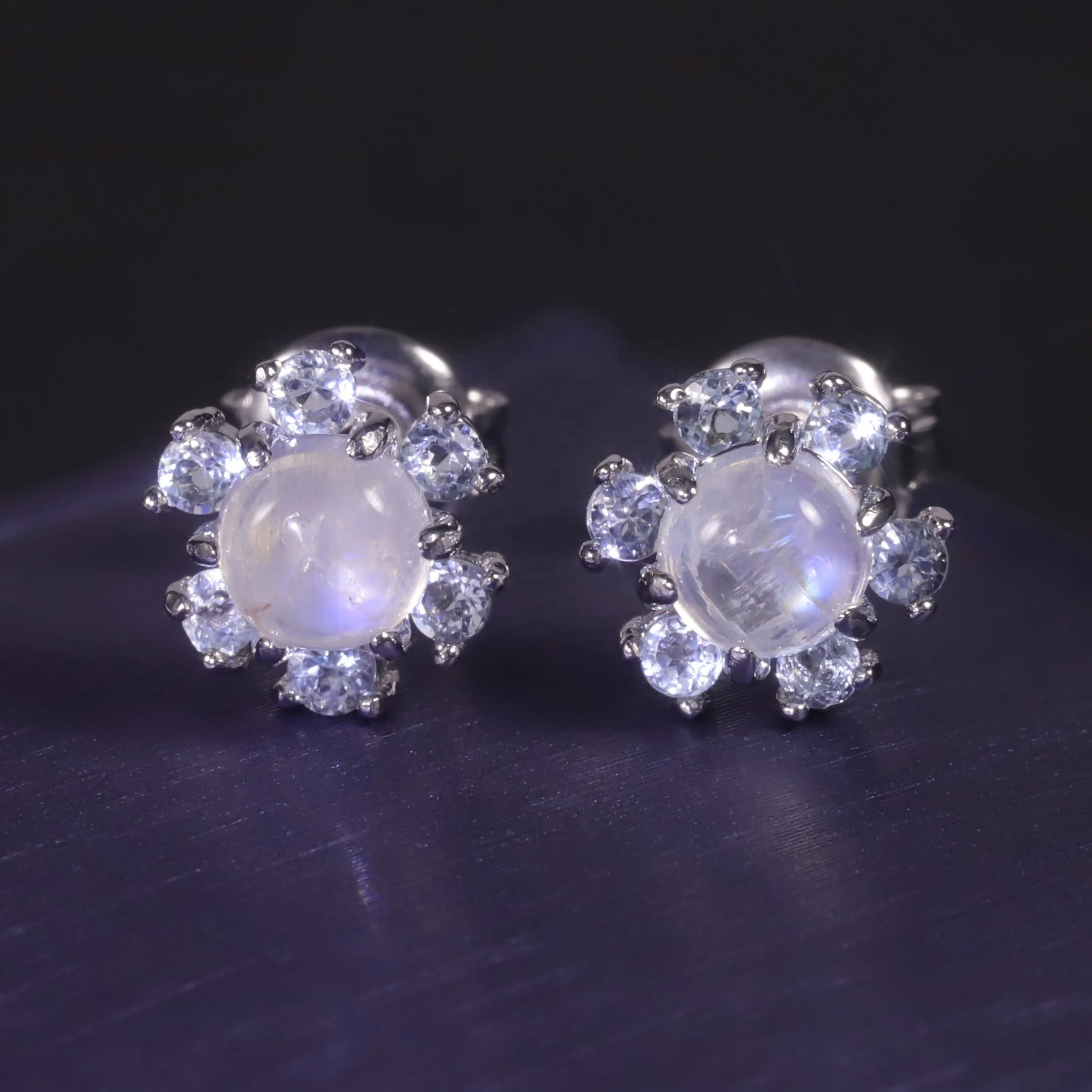C7962 Abiding Fine Jewelry S925 Sterling Silver Natural Gemstone Moonstone Sky Blue Topaz Halo Daisy Flower Earrings