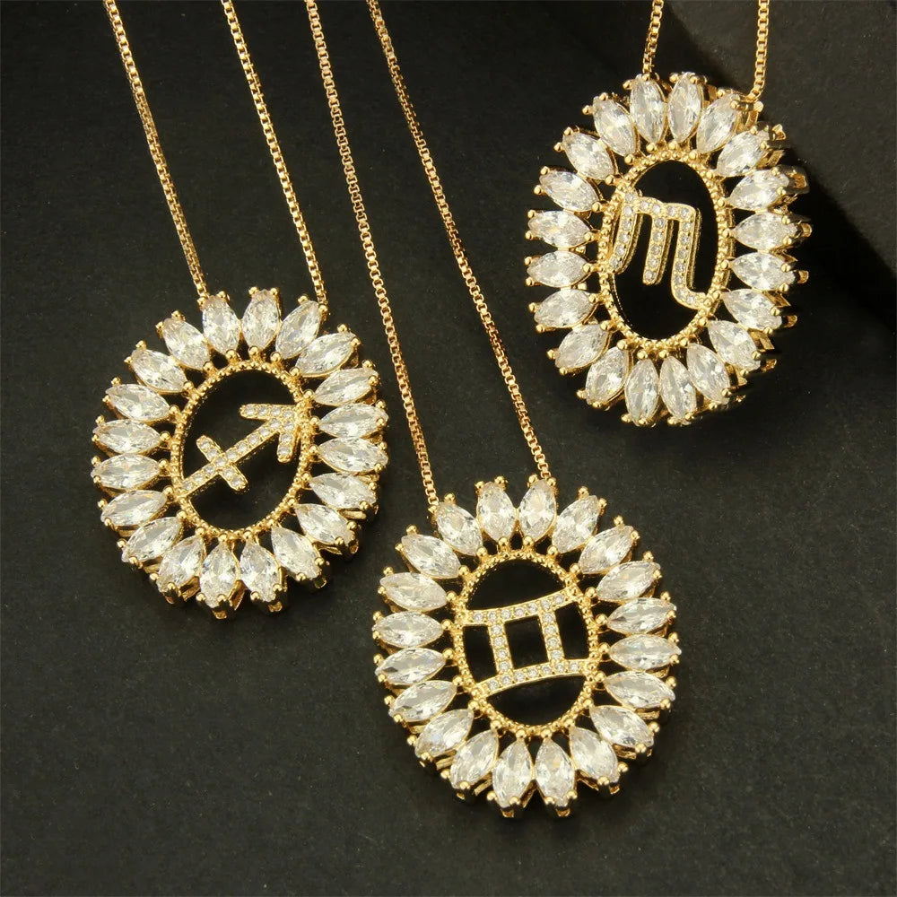 Newest Gold Plated Diamond Zodiac Pendant Necklace Women Fashion Jewelry Round Cubic Zircon Zodiac Sign Necklace
