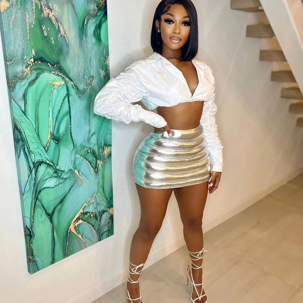 2022 Summer Hot Styles Sexy Cotton Padded Sexy Silver High Waist Ultra Short Mini Skirt