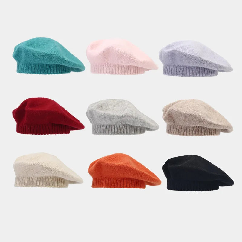 Autumn Winter Art Simple Solid Color Knit Beret Hat Women Fashion Rabbit Hair Warm Beret Hat