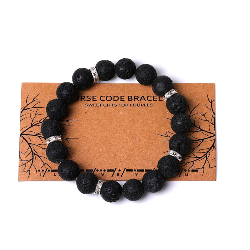 Healing Gemstone Custom Bangle Bracelet Female 10mm Round Bead Crystal Morse Code Bracelets Charms with Card