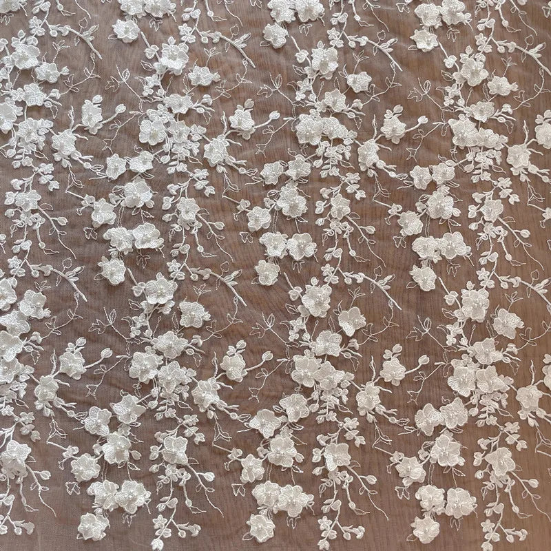 Exquisite Applique Embroidered 3D Bridal Lace Fabric Handmade DIY White Decorative Wedding 100% Polyester Mesh