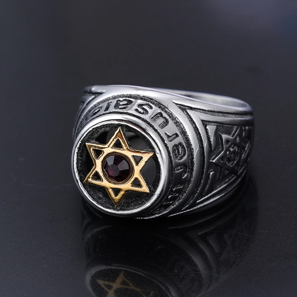 Mens Religion Jewelry Stainless Steel Purple  Crystal David Star Band Engagement Rings for Men Women Girls Daily Party Wear