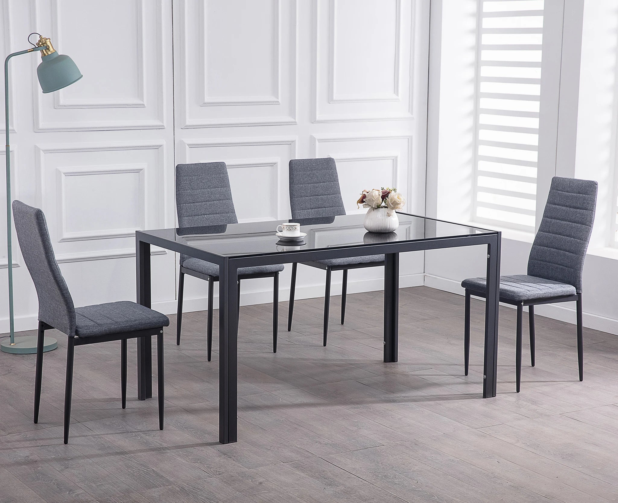 Dinning Table Set Classic 4/6 Seat Modern Fiber Square Glass Top Metal Leg and Upholstered Chair Dining Table Set