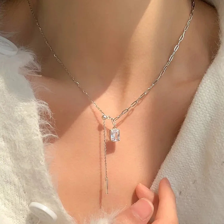 Square Diamond Tassel Pendant 925 Sterling Silver CZ Diamond Women Fashion Long Chain Paperclip Necklace