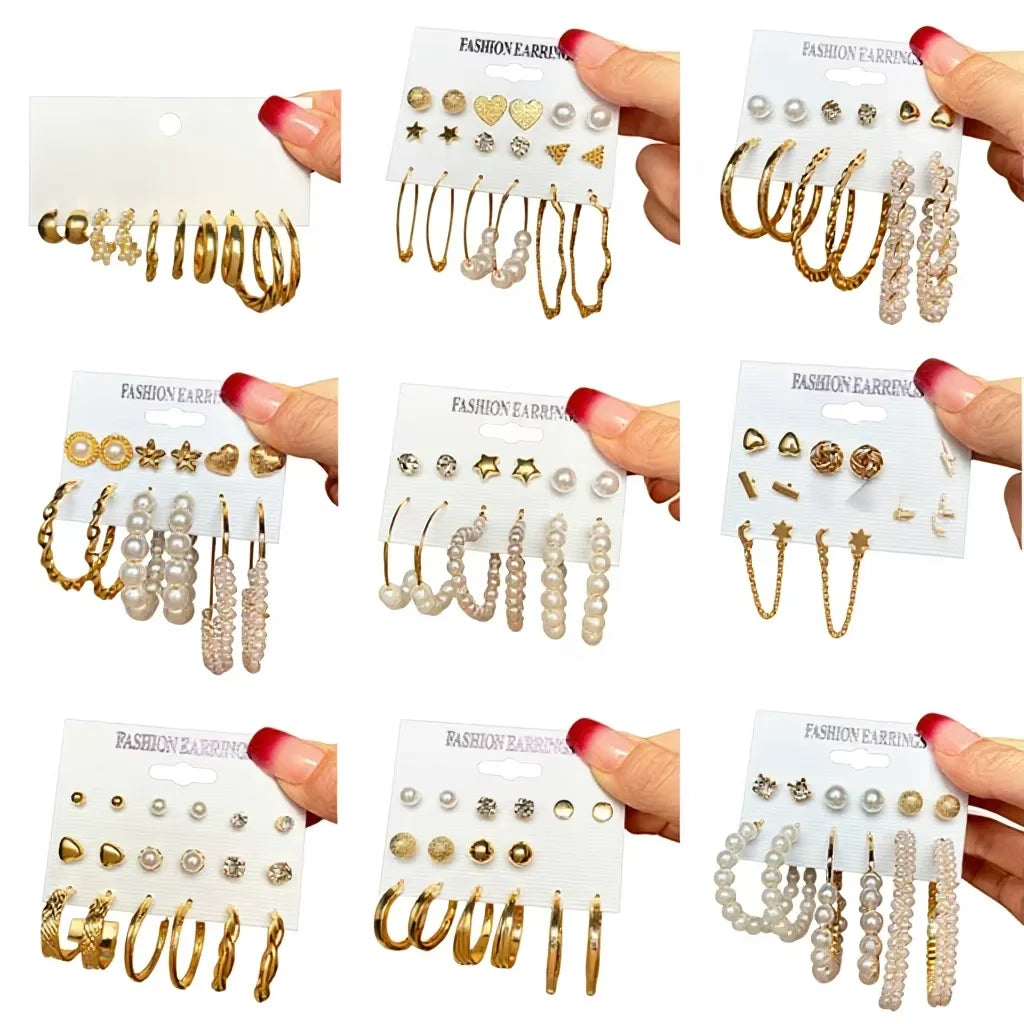 VKME Fashion Pearl Crystal Gold Hoop Earrings Set Oversize Circle Butterfly Heart Flower Earring for Women Earrings Jewelry