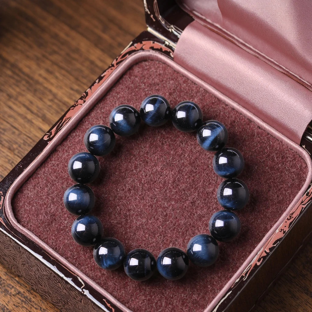 Unisex Handmade AAA Natural Blue Tiger Eye Round Beads Bracelet Trendy Semi-Precious Gemstone Ball Shape for Gift
