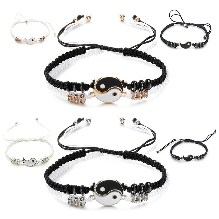 Hot Sale Romantic Couple Yin Yang Accessories Adjustable Black White Hand Rope Creative Taiji Bracelet Set for Women Men