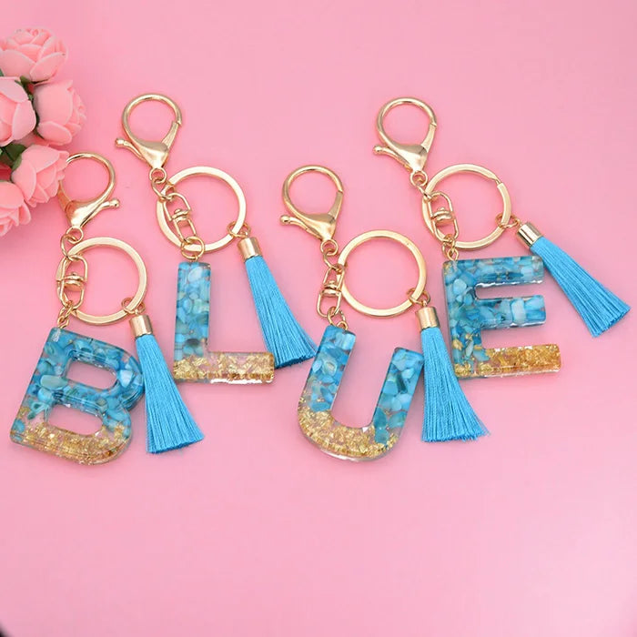 Blue Alphabet Initial Letters Keychain Resin Charm Gold Glitter Pendant Tassel Key Ring