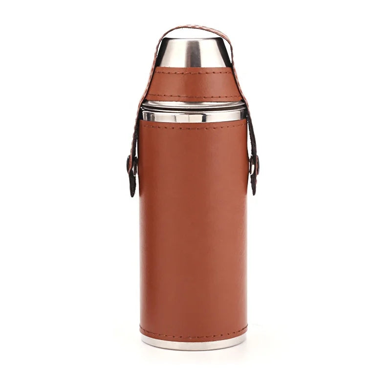 Custom 8oz 304 Stainless Steel Flask Bottle with Snap Portable Irregular Cylindrical PU Leather Cover Strap Hip Flask with Cup