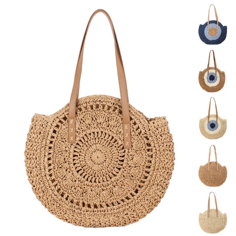 2021 Luxury Foldable One-Shoulder Round Straw Woven Bag Simple Beach Fashion Ladies' Bag with Zipper Closure