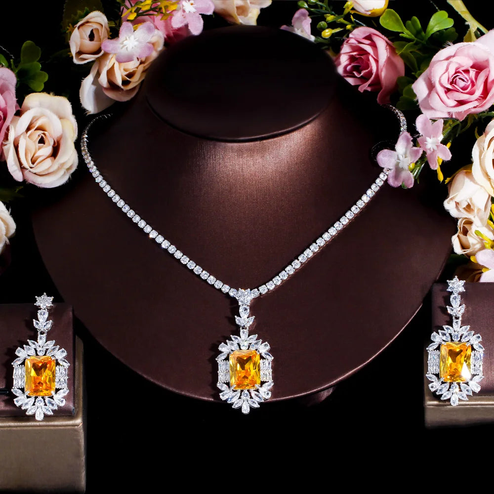 Women Quality Big Chic Yellow Cubic Zirconia Stone Wedding Tennis Necklace and Drop Earrings for Bridal Jewelry Set Accessories