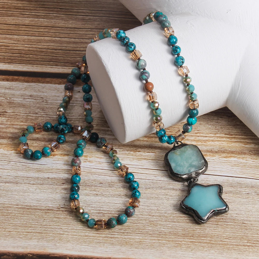 New Vintage Bohemian Style 6mm Natural Stone Glass Knotted Necklace Square Star Natural Stone Pendant Necklace