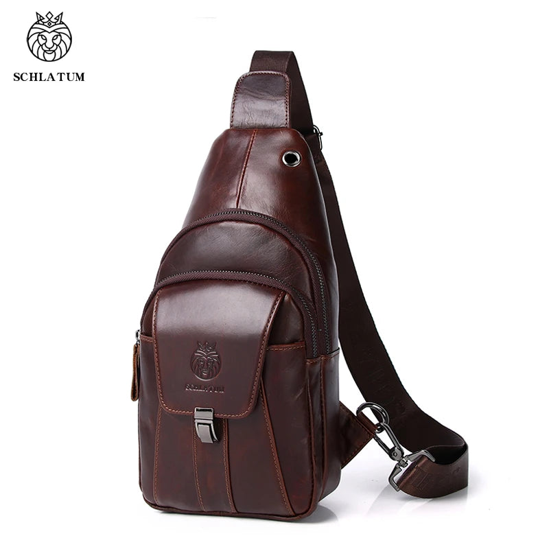 SCHLATUM Men's 100% Genuine Leather Crossbody Chest Bag Vintage Fashion Design with Earphone Hole Casual Vintage Style