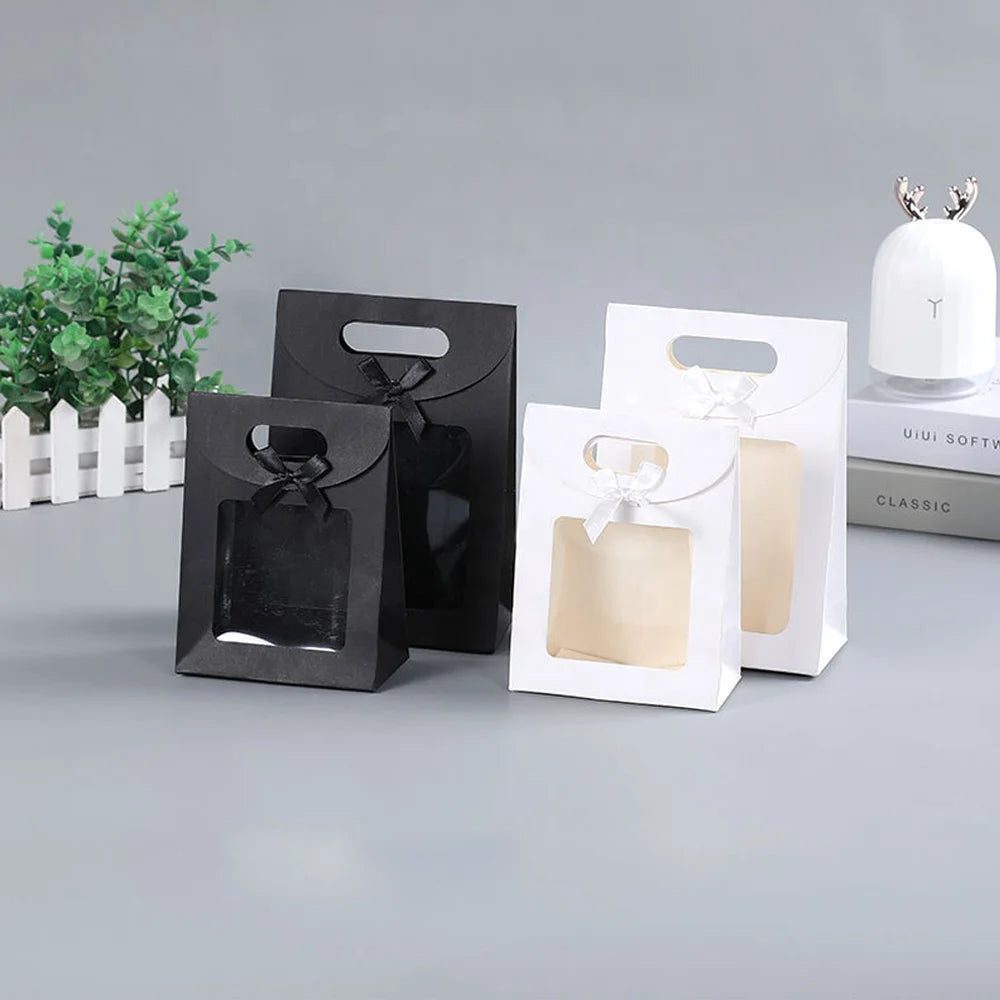 Handle Stand up Bow Kraft Paper Bag with Clear Windows Cookie Gift Jewelry Gift Bag Box for Party Business Gifts Packaging