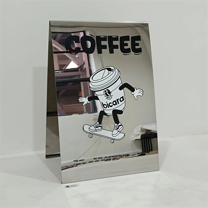 Custom Mirror a Frame Sign Commercial Double Sided Outdoor Floor Stand Advertising Metal Coffee Shop Mirror Sign Board