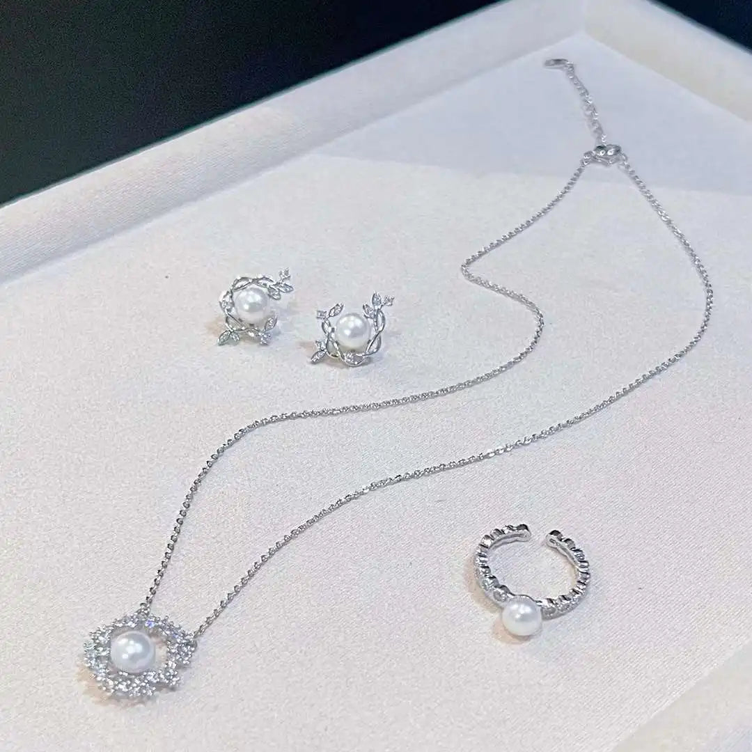 Super Beautiful Silver Trendy AAAA Grade Spring Flower and Bird Set Natural Freshwater Pearl 40cm Necklace Earring Ring Set