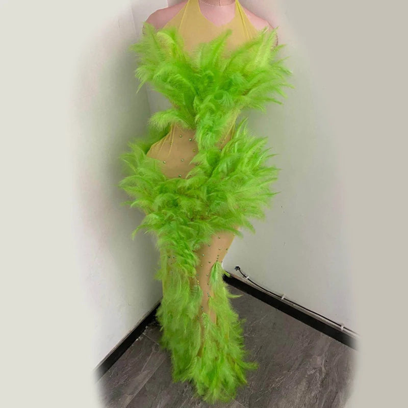 Green Rhinestones See Through Mesh Mermaid Long Feather Dress Sexy Halter Evening Party Feathers Dress Singer Stage Wear