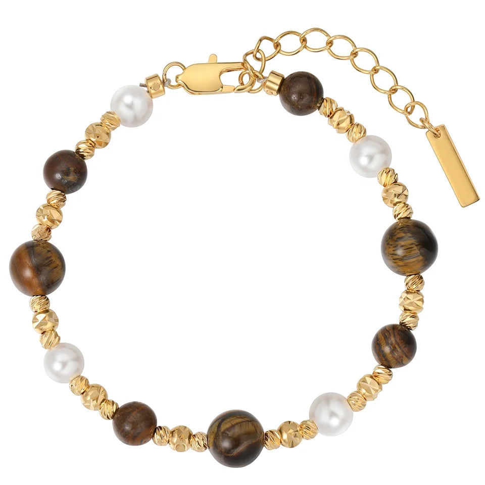 2024 New Metal Beaded Natural Tiger Eye Stone Bright White Pearl Bracelet Jewelry Gifts Customized