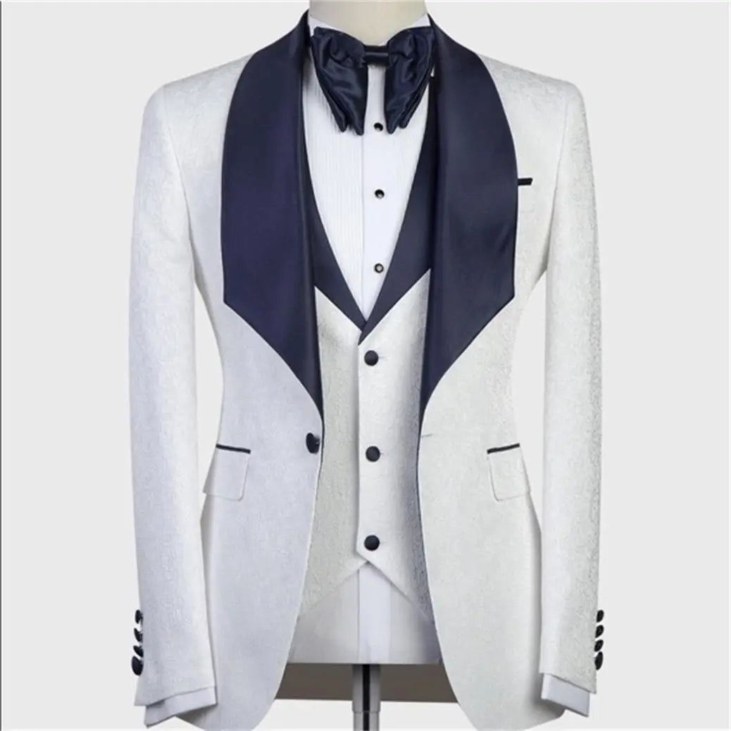 Jacquard Mens Suit 3 Pieces One Button Jacket Vest Pants Navy Shawl Lapel Formal Wear Groom Best Man Suit Wedding Tuxedos